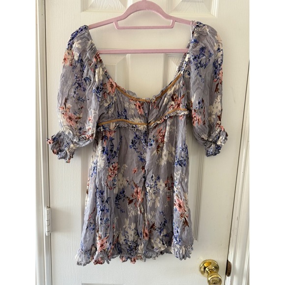 Free People‎ Marney Mini Dress XS Gray Floral Velvet Trim Boho Romant - Picture 8 of 12